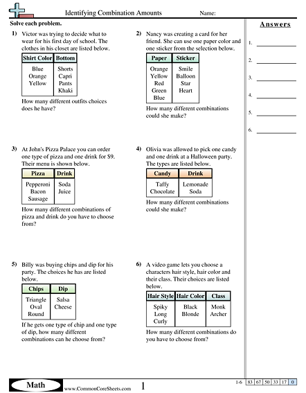 Probability Worksheets - Identifying Combination Amounts worksheet